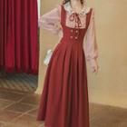 Puff-sleeve Cherry Embroidered Gingham Blouse / Midi Overall Dress / Set