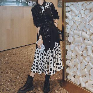 Long-sleeve Mock Two-piece Tie-waist Dress
