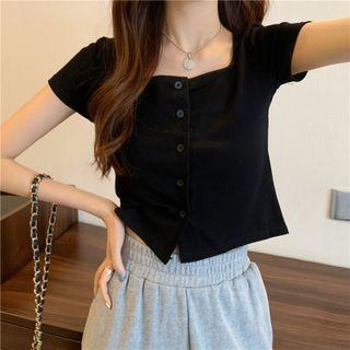 Short-sleeve Square-neck Button-up Crop Top