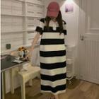 Short-sleeve Collar Striped Midi T-shirt Dress Stripes - Black & White - One Size