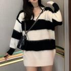 V-neck Two-tone Striped Sweater Stripes - Black & White - One Size