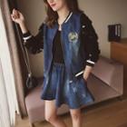Set: Sequined-sleeve Denim Jacket + A-line Denim Skirt