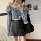 Bell-sleeve Cold-shoulder Blouse / Mini A-line Skirt