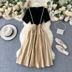 Set : Round-neck Short-sleeve Top + Jumper Dress As Shown In Figure - One Size