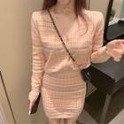 Set: Tweed Cardigan + Mini Fitted Knit Skirt Set Of 2 - Orange - One Size