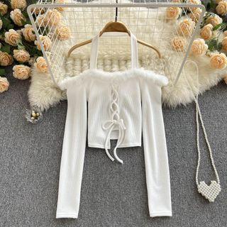 Off-shoulder Shearling-collar Drawstring Long-sleeve Knit Top White - One Size