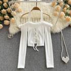 Off-shoulder Shearling-collar Drawstring Long-sleeve Knit Top White - One Size