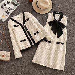 Set: Contrast Trim Button Jacket + Sleeveless A-line Dress