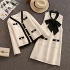 Set: Contrast Trim Button Jacket + Sleeveless A-line Dress