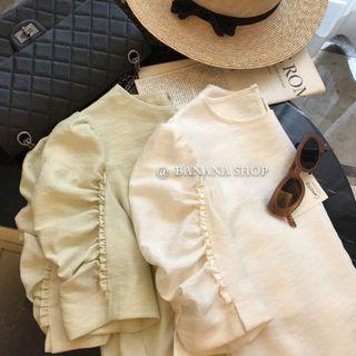 Round-neck Plain Ruffle Pleated Oversize Blouse