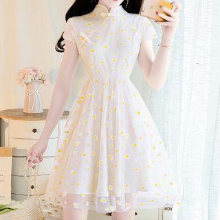 Cap-sleeve Floral Mesh A-line Mini Qipao Dress