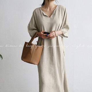 Notched-neck Linen Blend Maxi Shift Dress