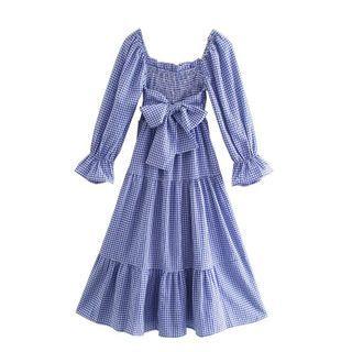 Flare-sleeve Plaid A-line Dress
