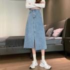 High-waist Asymmetrical Slit A-line Denim Midi Skirt