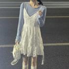 V-neck Velvet Spaghetti-strap Mini Dress / Long-sleeve Contrast Trim Top