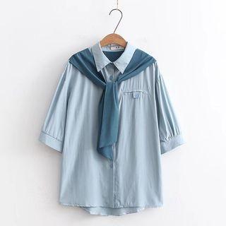 Elbow-sleeve Shawl Applique Shirt