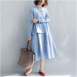 Mock Two-piece Long-sleeve Striped A-line Midi Dress