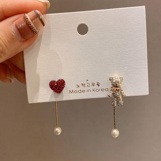 Non-matching Faux Pearl Rhinestone Heart & Bear Dangle Earring