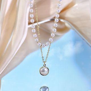 Faux Pearl Layered Necklace A338 - Faux Pearl Layered Necklace - One Size