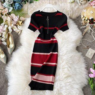 Short-sleeve Striped Midi Sheath Knit Dress