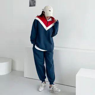 Set: Zip-front Color-block Top + Jogger Pants