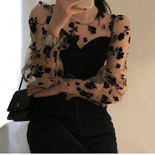 Velvet Panel Mesh Long-sleeve Slim-fit Top