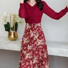 Puff-sleeve Drawstring Floral Print Midi A-line Dress