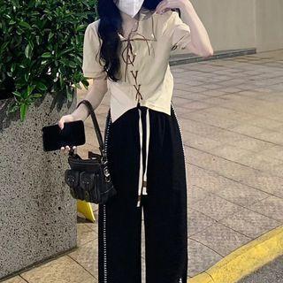 Short-sleeve Lace Up Top / Wide Leg Pants