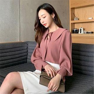 Wide-collar Pintuck-cuff Blouse