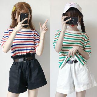 Striped Short-sleeve T-shirt / High Waist Shorts