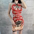Sleeveless Graphic Print Mini Bodycon Qipao Dress