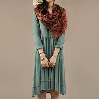 Long-sleeve Pleated Chiffon Dress