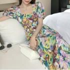 Puff-sleeve Floral Print Midi A-line Dress Pink & Green & Yellow - One Size