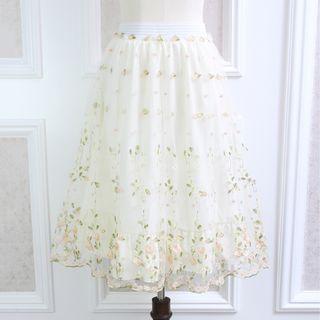 Flower Embroidered A-line Mesh Skirt
