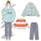Hood Padded Jacket / Striped Sweater / Sweatpants
