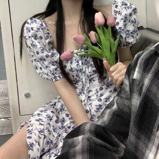 Puff-sleeve Square-neck Slit Floral Dress