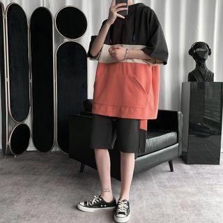 Set: Elbow-sleeve Color Block Hoodie + Wide-leg Shorts