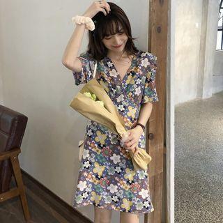 Flower Print Short-sleeve A-line Mini Dress Blue - One Size