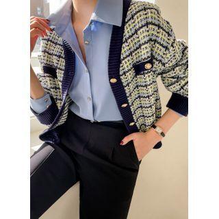 V-neck Contrast-trim Tweed Cardigan