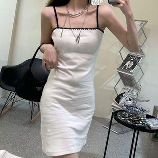 Spaghetti Strap Lace Trim Mini Sheath Dress White - One Size