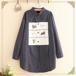Cat Applique Striped Long Shirt