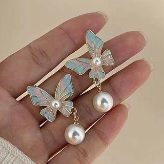Butterfly Faux Pearl Drop Earring 1 Pair - Gold & White & Blue - One Size