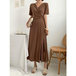 Deep-slit Flared Maxi Wrap Dress