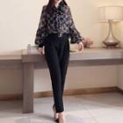 Set: Tie-neck Floral Print Blouse + Straight-cut Pants