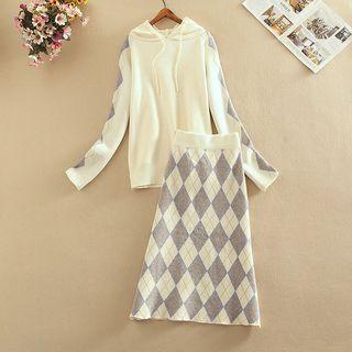 Set: Argyle Pattern Hooded Sweater + A-line Knit Skirt