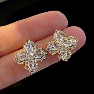 Flower Rhinestone Alloy Earring 1 Pair - Silver Rhinestone - Gold Trim - Silver - One Size