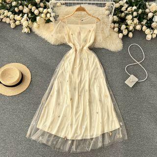 Short-sleeve Embroidered Mesh Overlay Midi A-line Dress