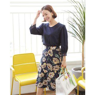 Floral Pattern Linen Blend Midi A-line Skirt