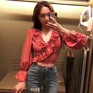 V-neck Ruffle Crop Blouse