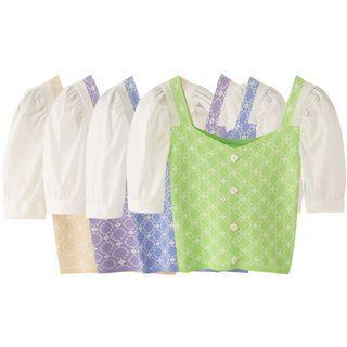 Mock Two-piece Short-sleeve Pattern Print Crop Top